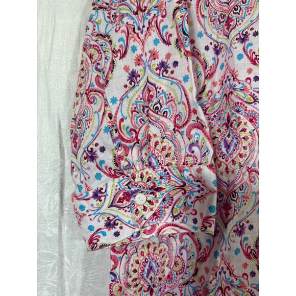Chicos Button Up 3 XL Pink Paisley 100% Linen Long Line 3/4 Sleeve - Picture 2 of 10